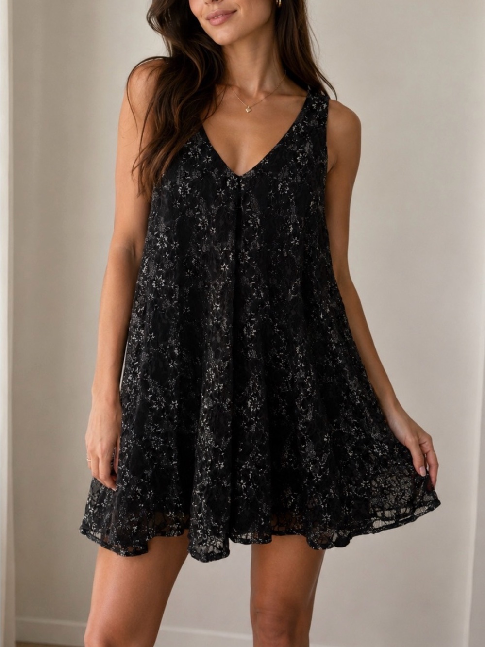 Lush Black Floral Lace V-Neck Mini Dress